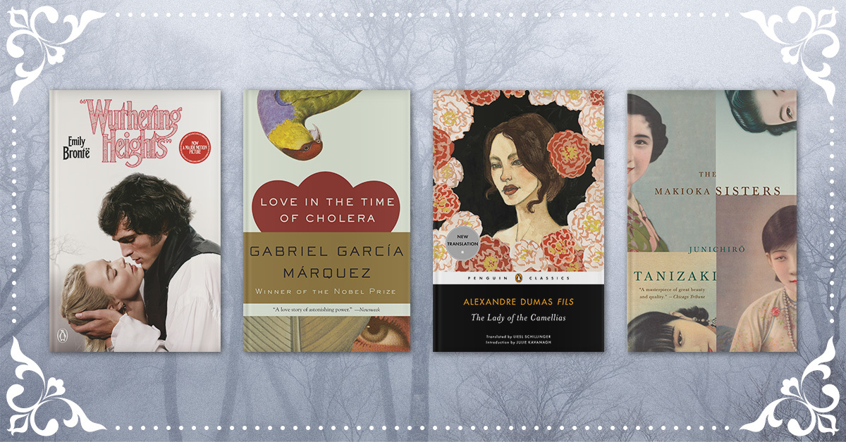 Four book covers; Wuthering Heights, Love in the Time of Cholera, The Lady of Camellias, The Makioka Sisters