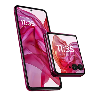Hot Pink moto razr+ is shown open and folded with its internal and external displays visible.