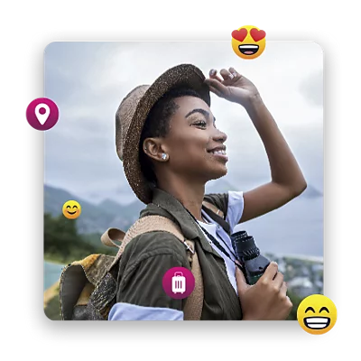 Women tipping her hat while taking in an island landscape.